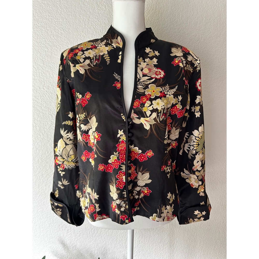 Metaphor Womens Floral Satin Mandarin Collar Blazer Jacket Black Red Size XL